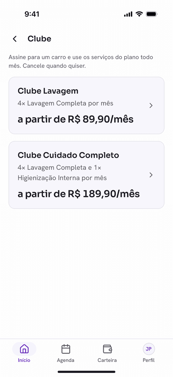 Página do clube na vitrine, com os planos que o cliente pode assinar e o preço de cada um por mês