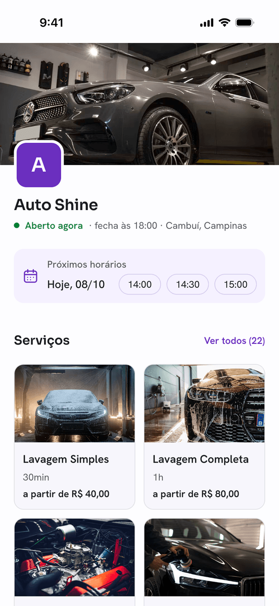 Vitrine de uma estética automotiva aberta agora, com os próximos horários livres e os serviços com duração e preço